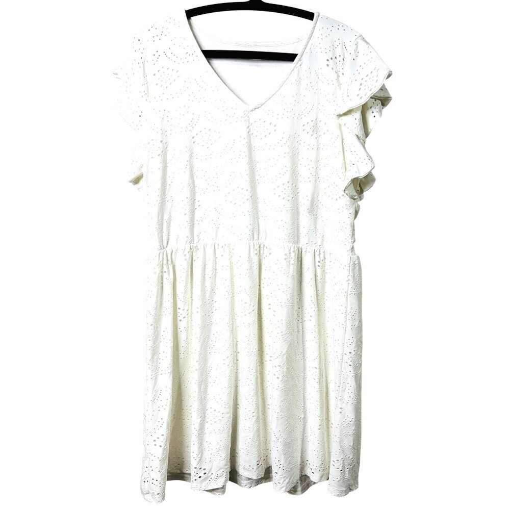 Maurices White Eyelet Ruffle Sleeve Dress L  Lined Summer Casual V-Neckline